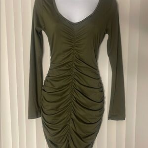 Olive Green Ruched Long Sleeve Dress
